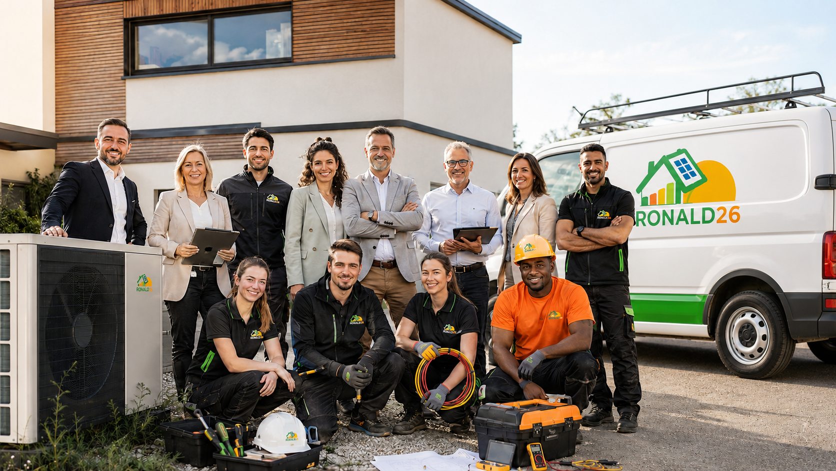 Equipe Ronald26 devant une maison renovee et un vehicule d'intervention