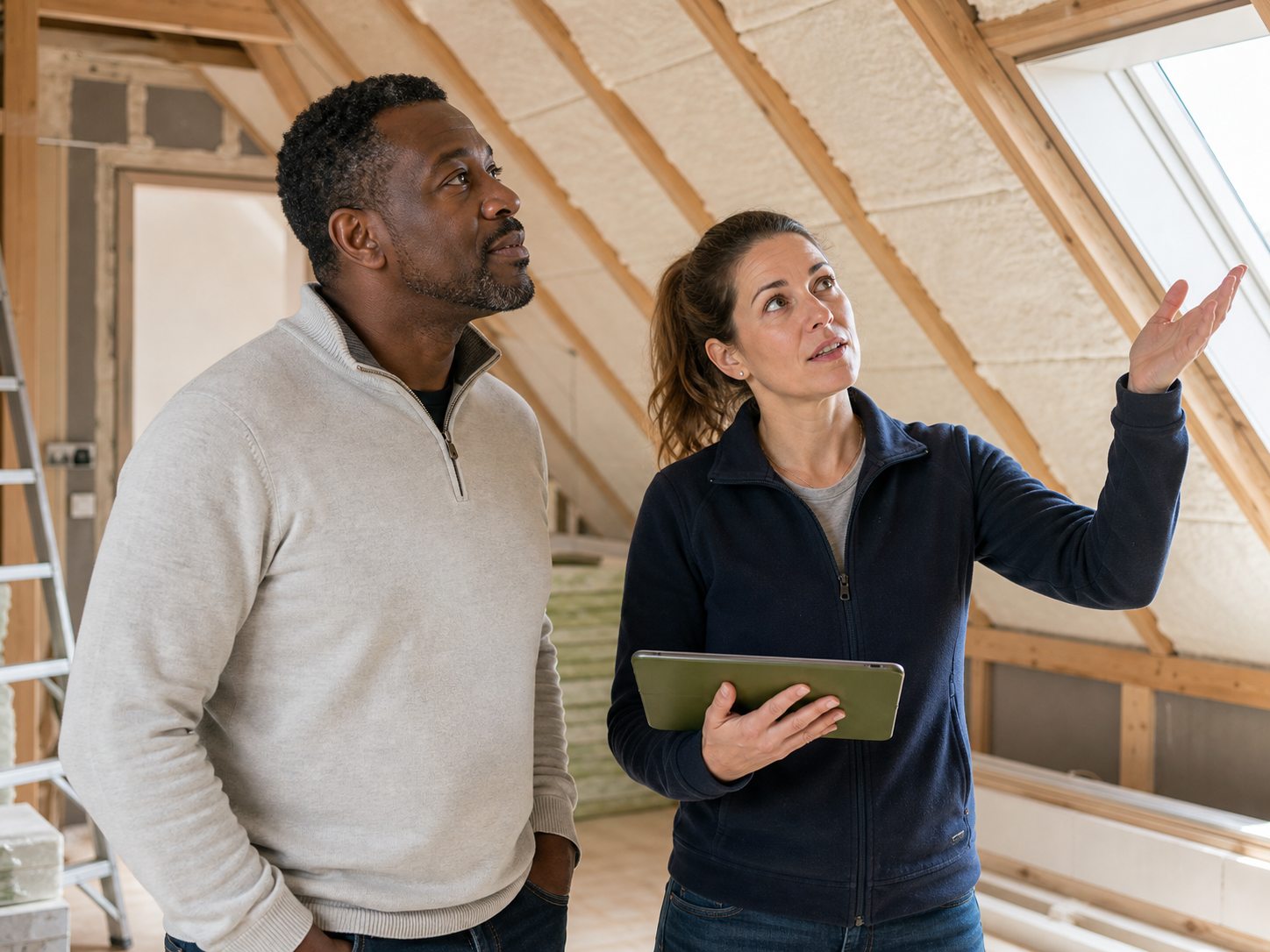 Client accompagne par une technicienne dans des combles isoles